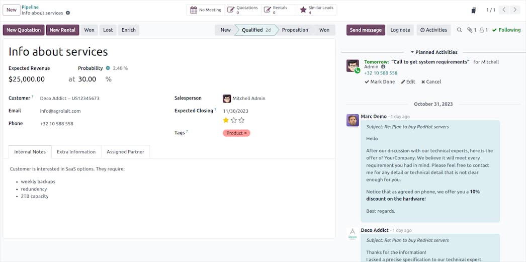 Odoo CRM — управление сделками и клиентами